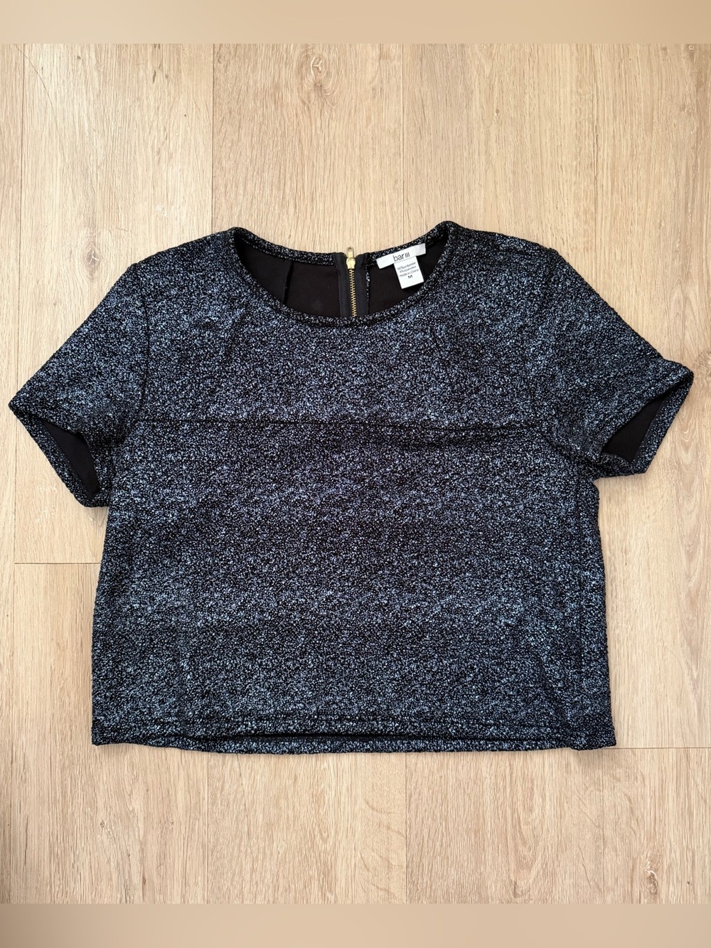 Bar III Black Metallic Short Sleeve Crop Top
